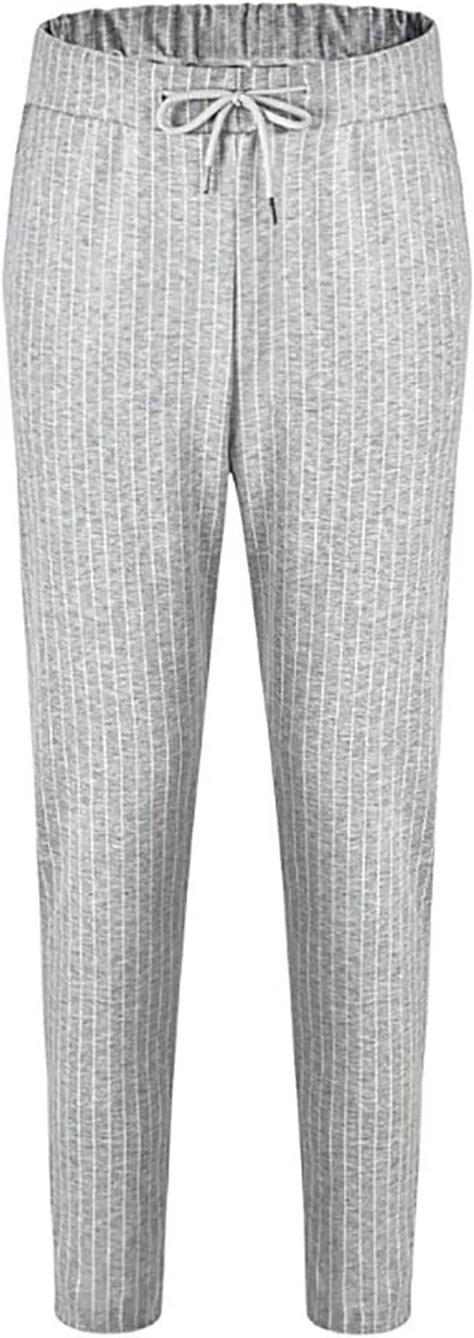 Mens Fashion Casual Striped Pants Dress Chino Long Pants Fit Drawstring Cotton Slack Trousers