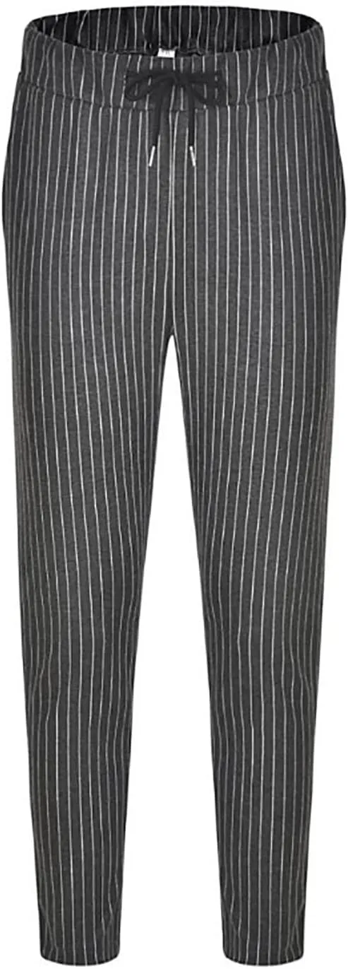 Mens Fashion Casual Striped Pants Dress Chino Long Pants Fit Drawstring Cotton Slack Trousers