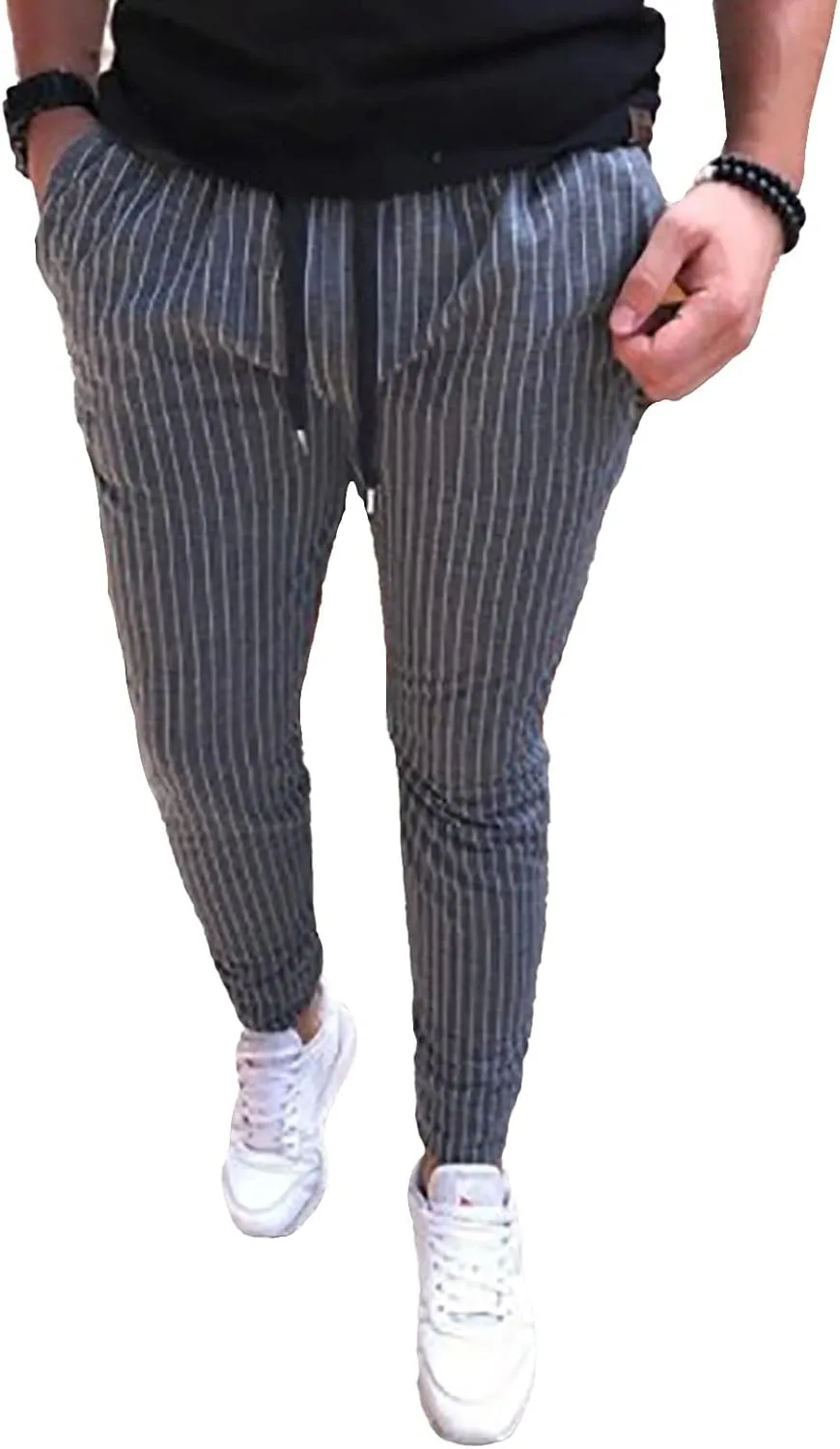 Mens Fashion Casual Striped Pants Dress Chino Long Pants Fit Drawstring Cotton Slack Trousers