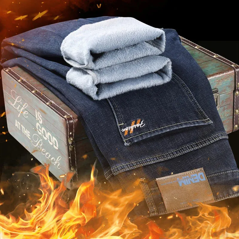 Mens Jeans Brand 2024 Warm Jeans Fleece Men Denim Pants Thicken Blue Slim Stretch Men's Trousers Fashion Pockets Mens Clothing