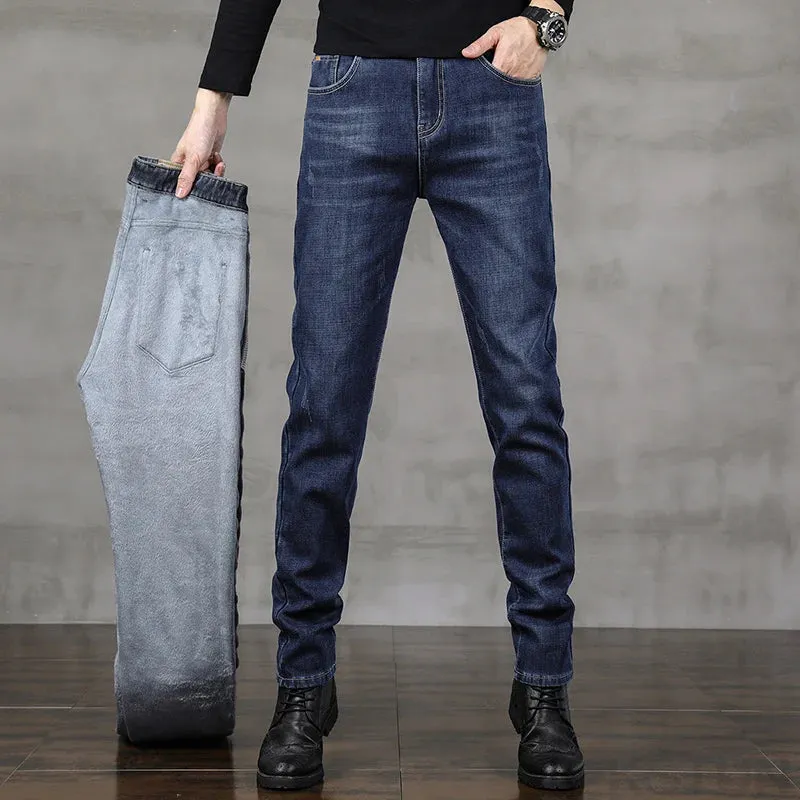 Mens Jeans Brand 2024 Warm Jeans Fleece Men Denim Pants Thicken Blue Slim Stretch Men's Trousers Fashion Pockets Mens Clothing