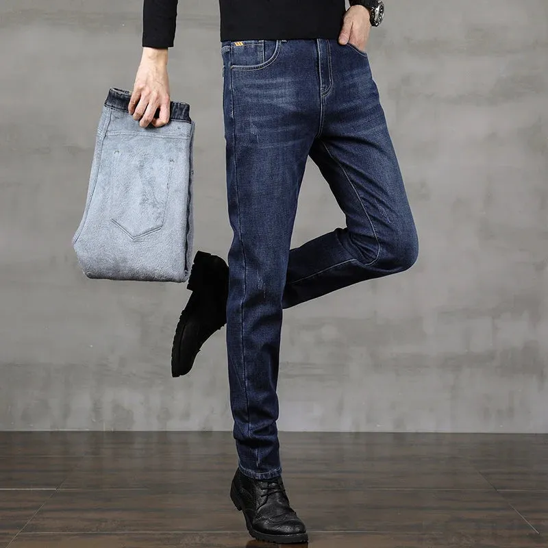 Mens Jeans Brand 2024 Warm Jeans Fleece Men Denim Pants Thicken Blue Slim Stretch Men's Trousers Fashion Pockets Mens Clothing
