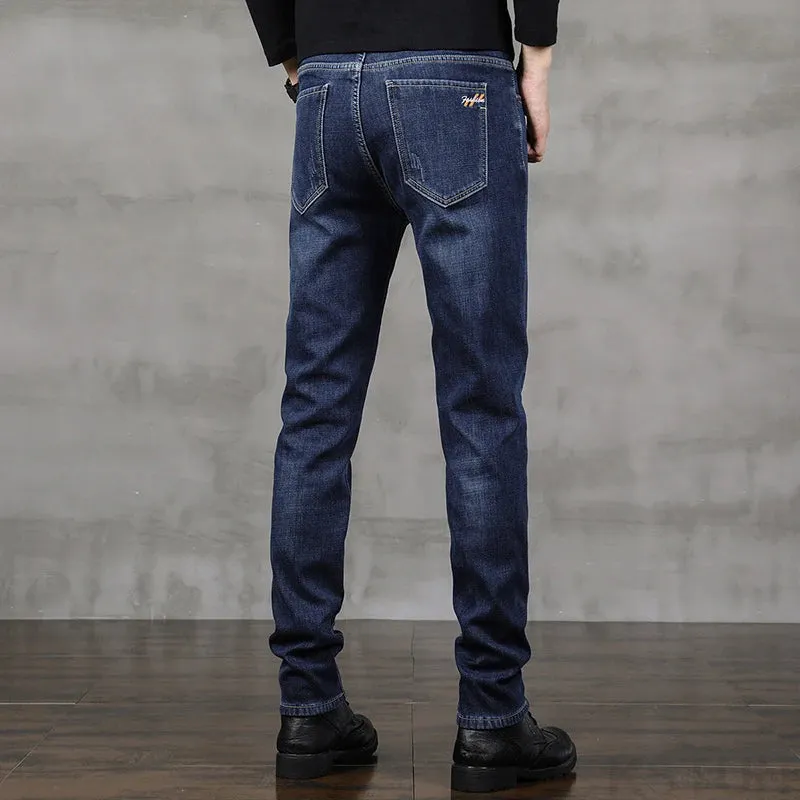 Mens Jeans Brand 2024 Warm Jeans Fleece Men Denim Pants Thicken Blue Slim Stretch Men's Trousers Fashion Pockets Mens Clothing