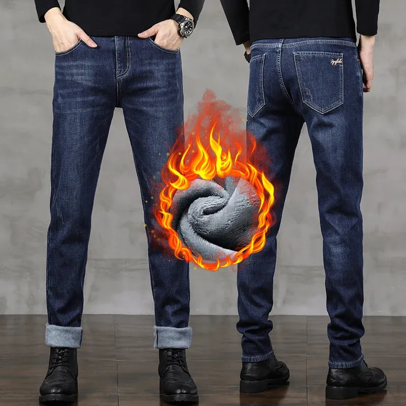 Mens Jeans Brand 2024 Warm Jeans Fleece Men Denim Pants Thicken Blue Slim Stretch Men's Trousers Fashion Pockets Mens Clothing