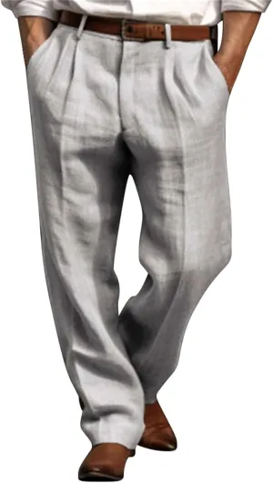 Mens Linen Beach Pants Big Tall Classic Flat Front Chino Pants Casual Lightweight Straight Leg Summer Beach Trouser