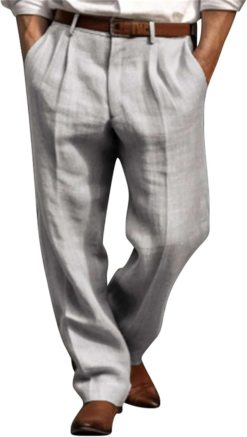 Mens Linen Beach Pants Big Tall Classic Flat Front Chino Pants Casual Lightweight Straight Leg Summer Beach Trouser