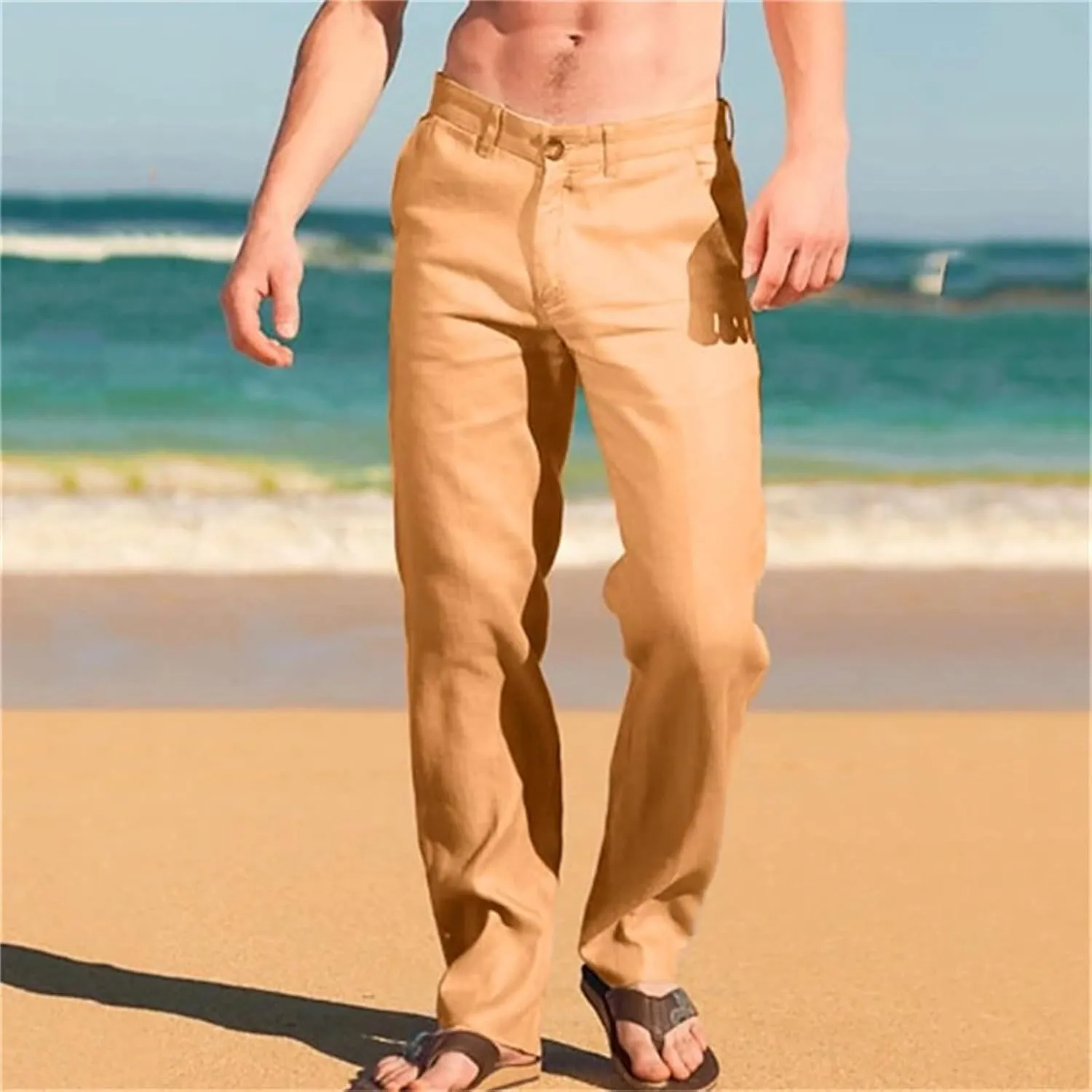 Mens Linen Pants Casual Classic Flat Front Chino Pants Casual Lightweight Straight Leg Summer Beach Trousers