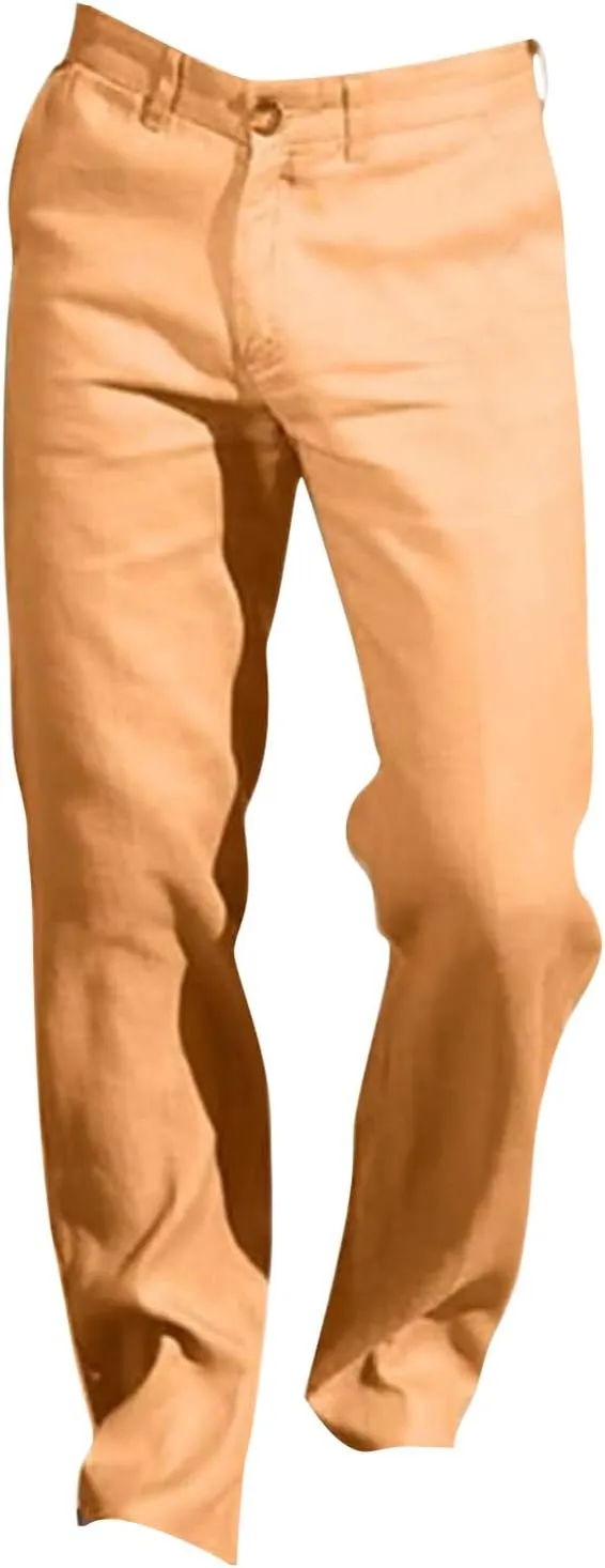 Mens Linen Pants Casual Classic Flat Front Chino Pants Casual Lightweight Straight Leg Summer Beach Trousers