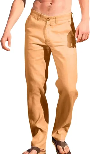 Mens Linen Pants Casual Classic Flat Front Chino Pants Casual Lightweight Straight Leg Summer Beach Trousers