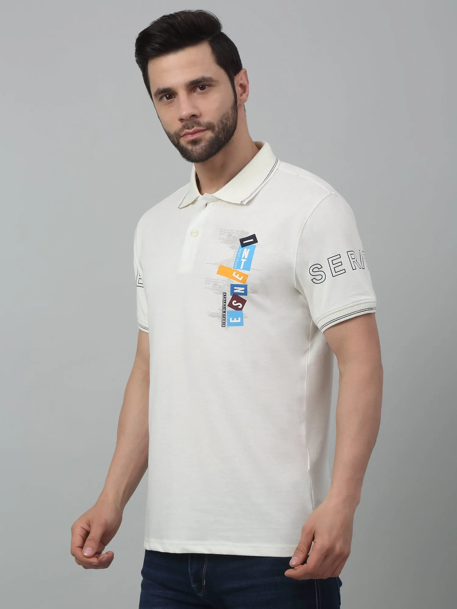 Men's Offwhite  Polo neck Half Sleeve T-Shirt with Print