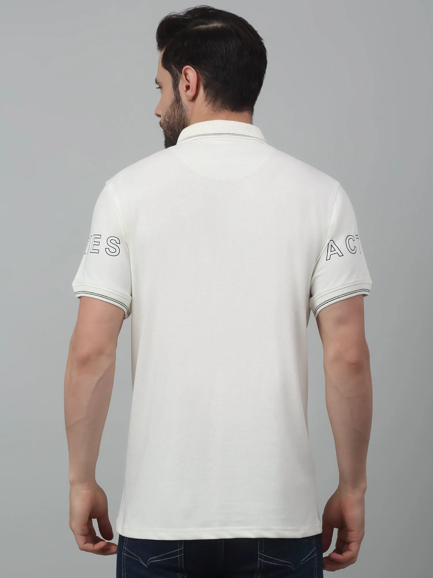 Men's Offwhite  Polo neck Half Sleeve T-Shirt with Print