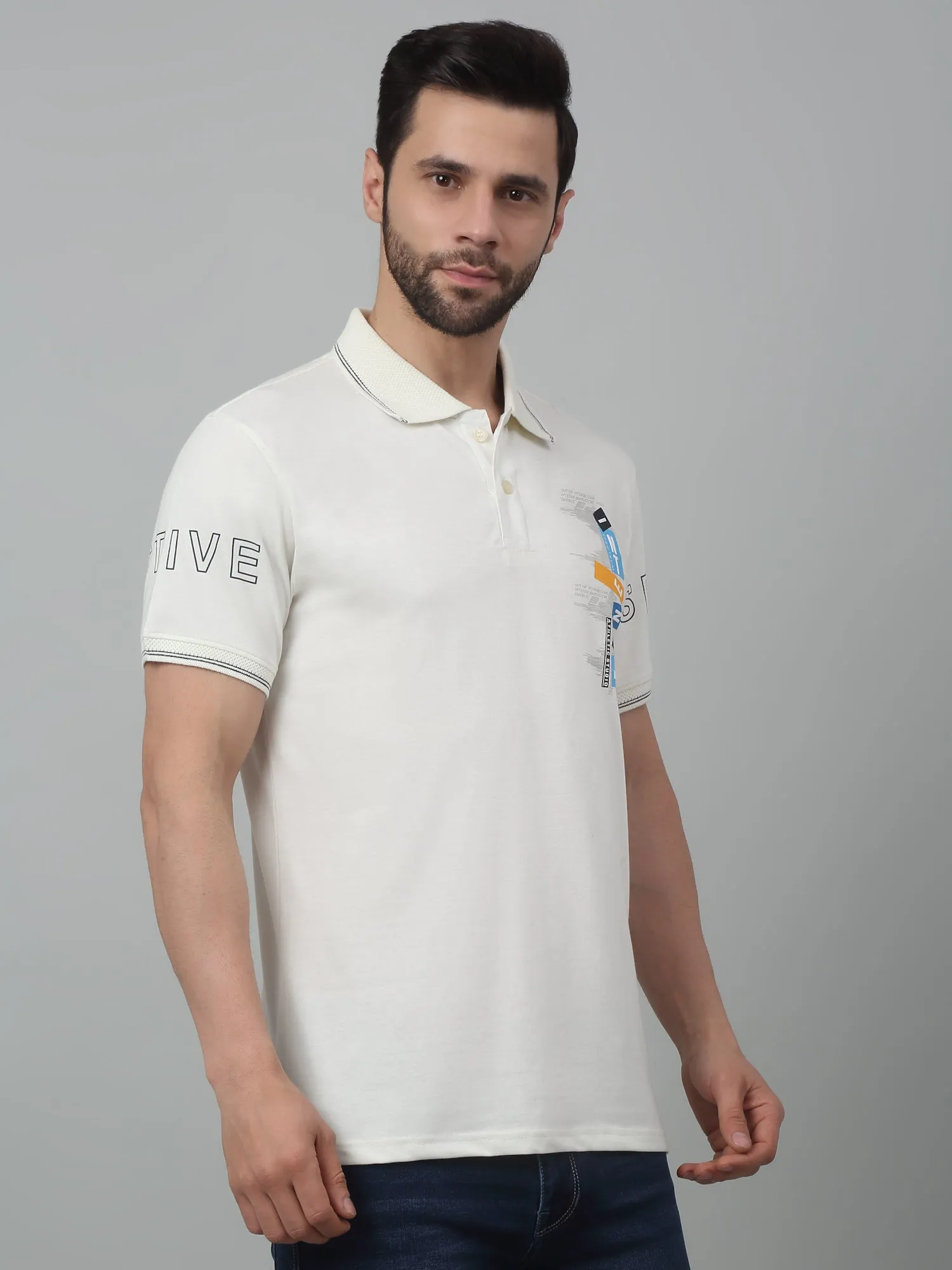 Men's Offwhite  Polo neck Half Sleeve T-Shirt with Print