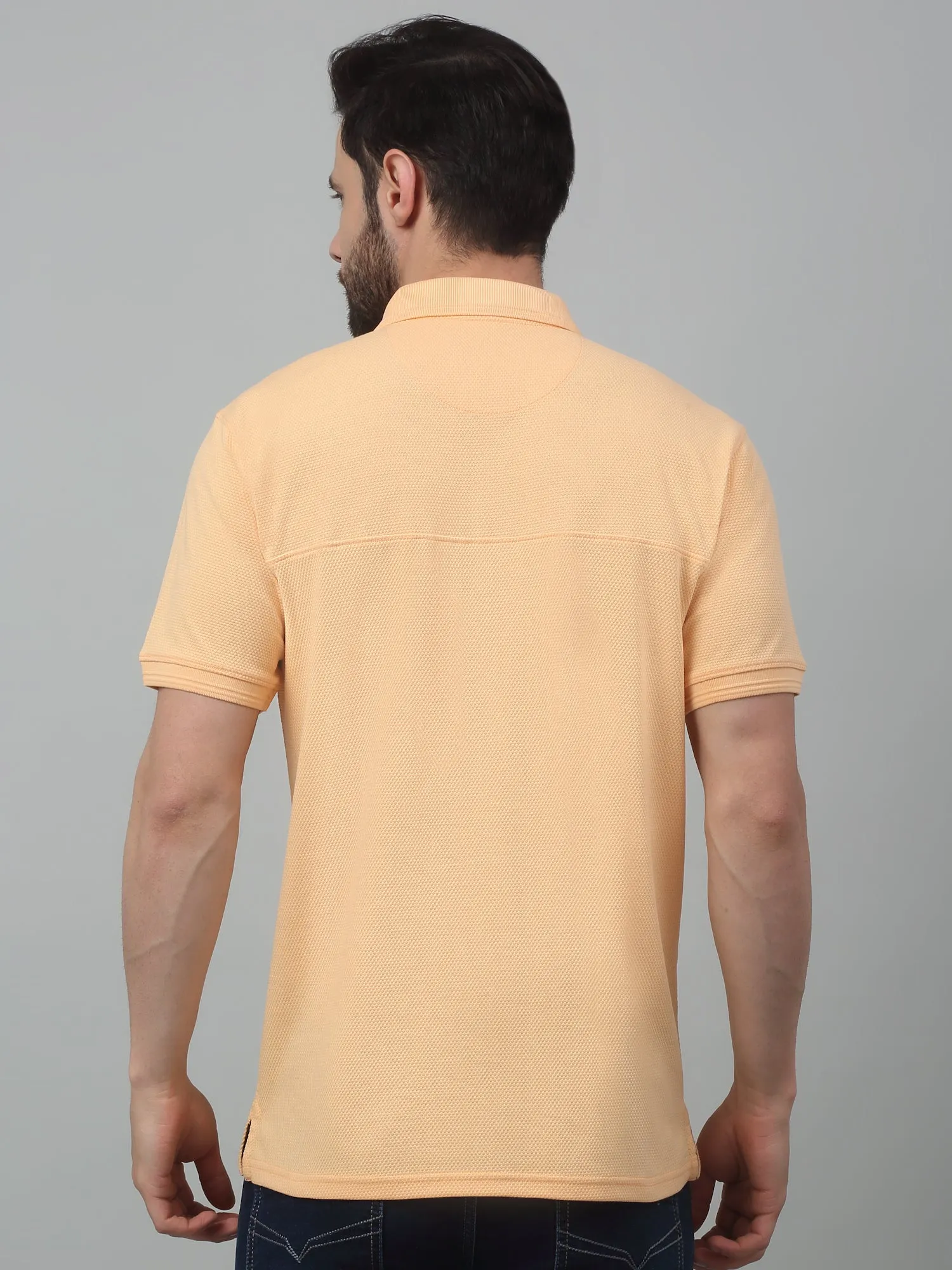 Men's Peach  Polo neck Half Sleeve T-Shirt with cut n sew