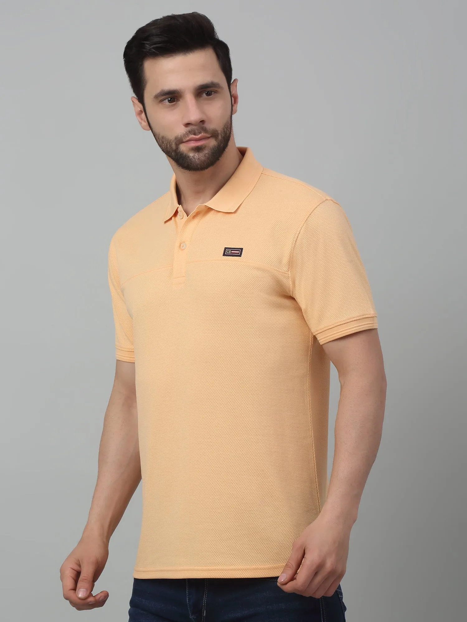 Men's Peach  Polo neck Half Sleeve T-Shirt with cut n sew