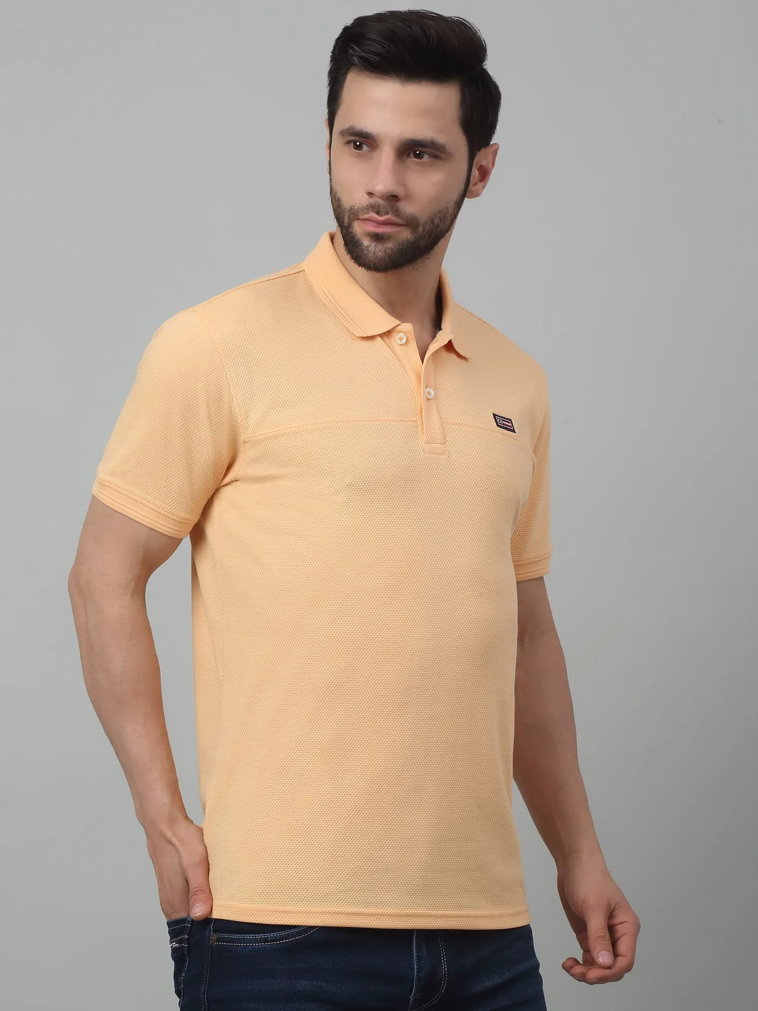 Men's Peach  Polo neck Half Sleeve T-Shirt with cut n sew