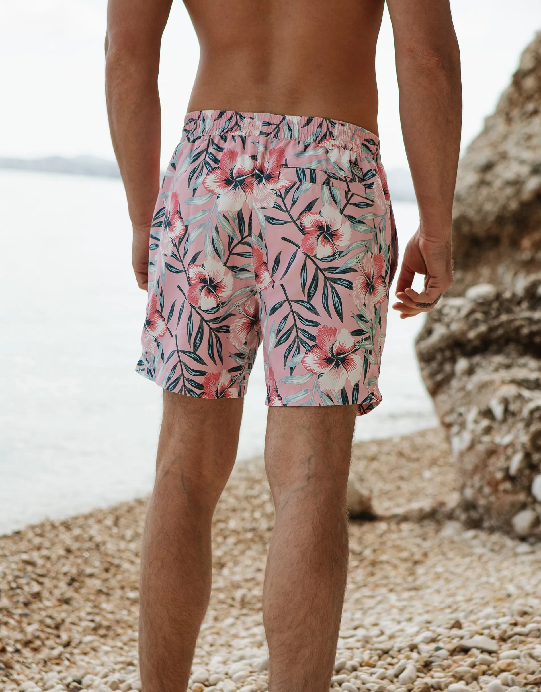 Men's Pink Tropical Floral Print Swim Shorts