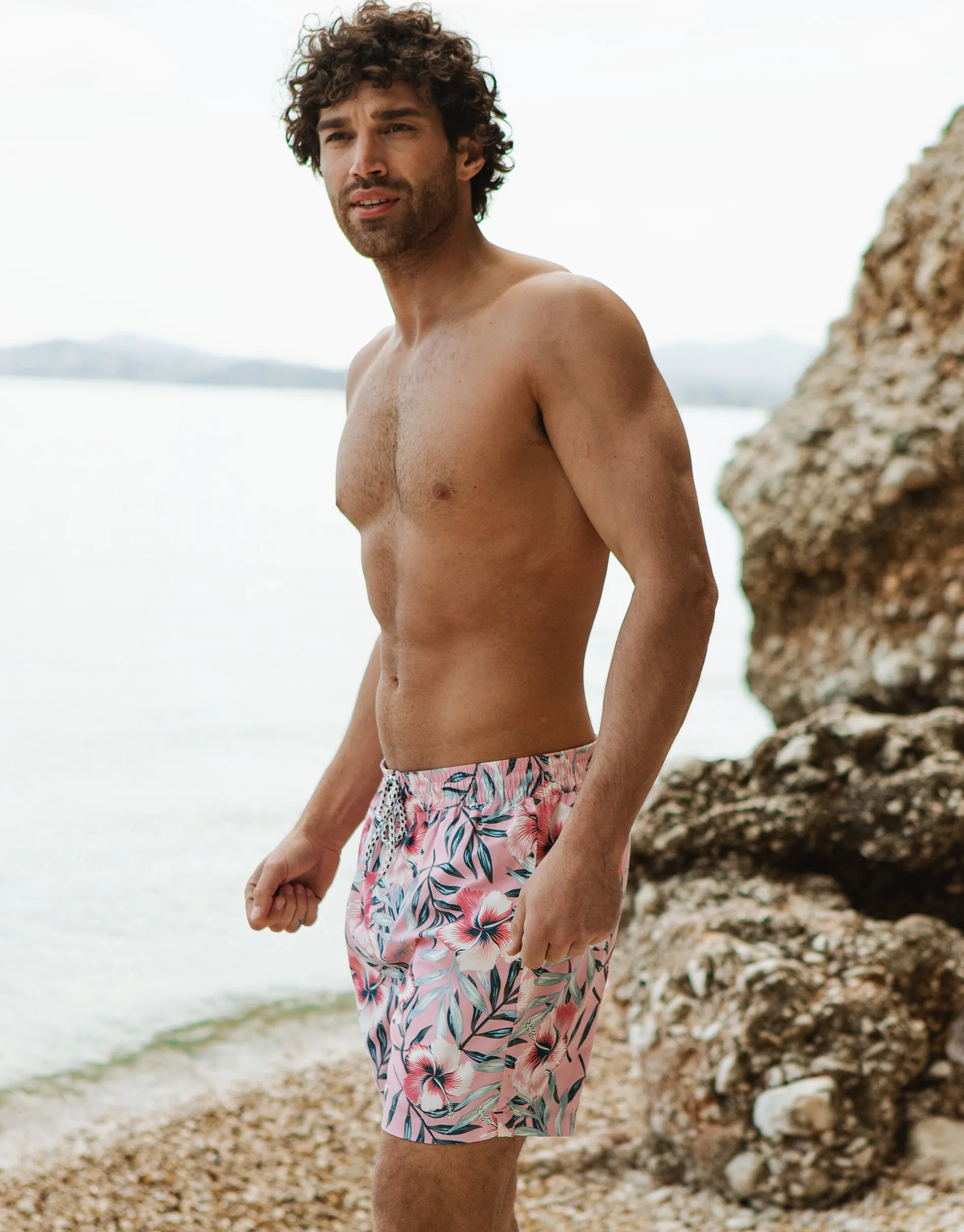 Men's Pink Tropical Floral Print Swim Shorts