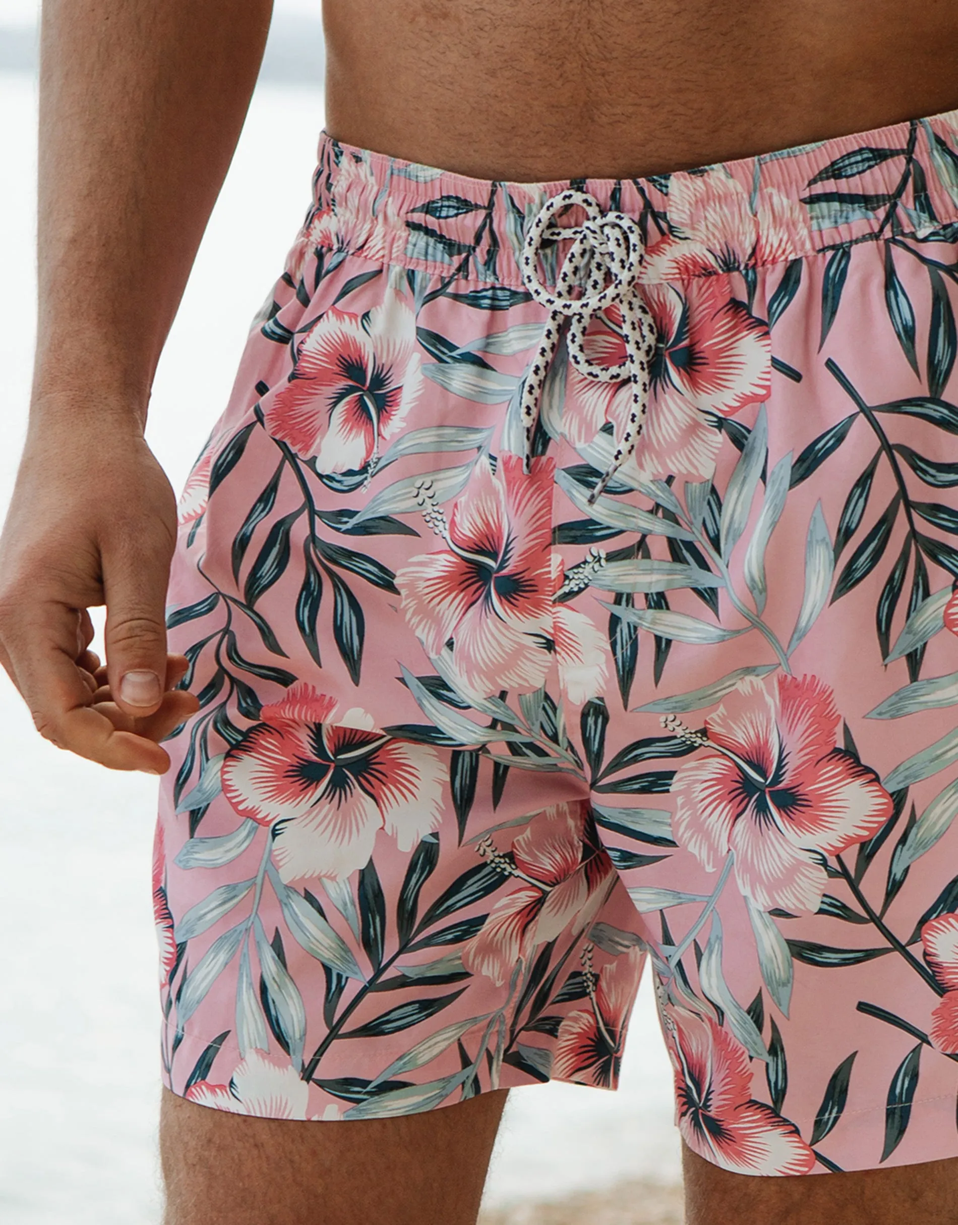 Men's Pink Tropical Floral Print Swim Shorts