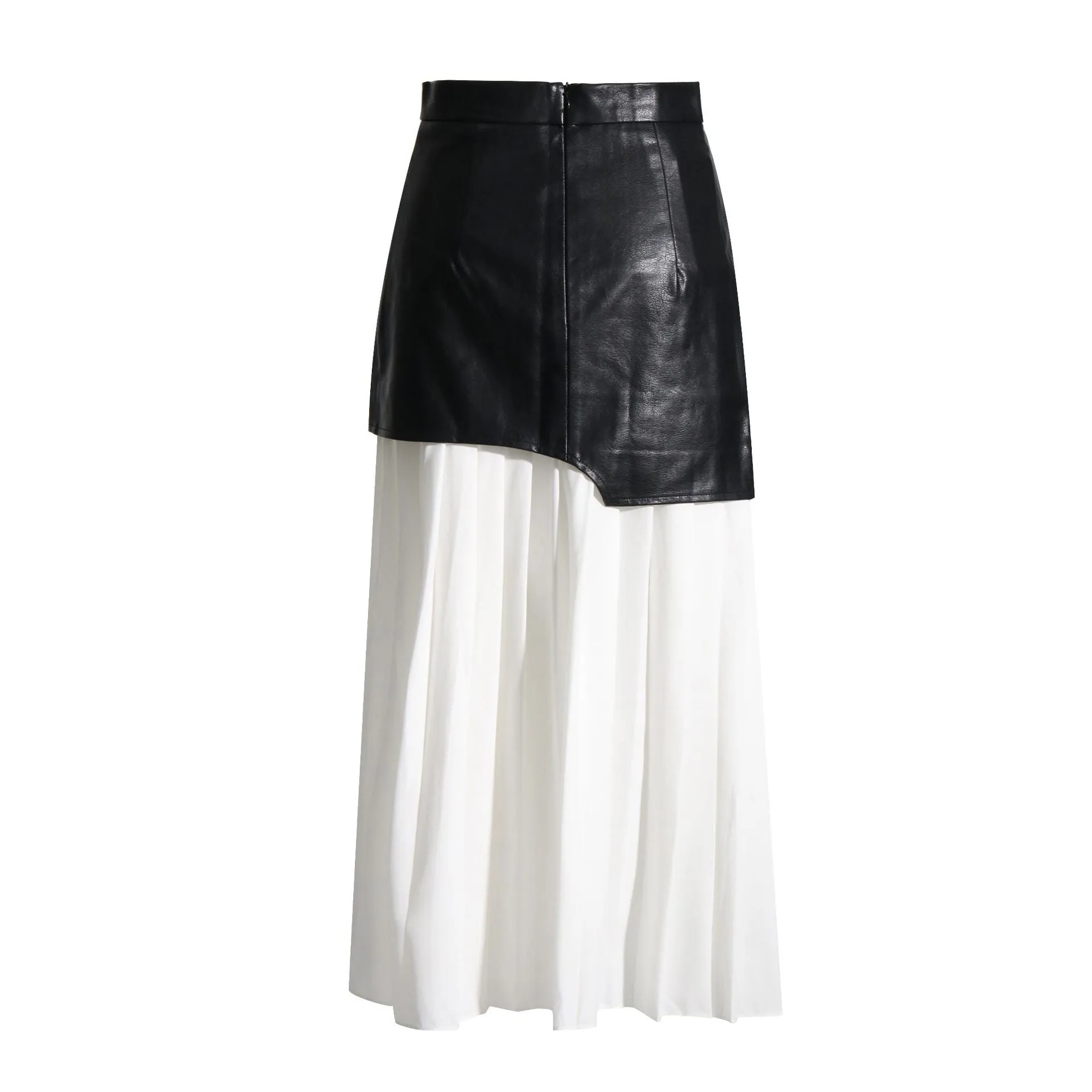 Mid-Length PU Leather Spliced Pleated Women's Color-Block Half Skirt