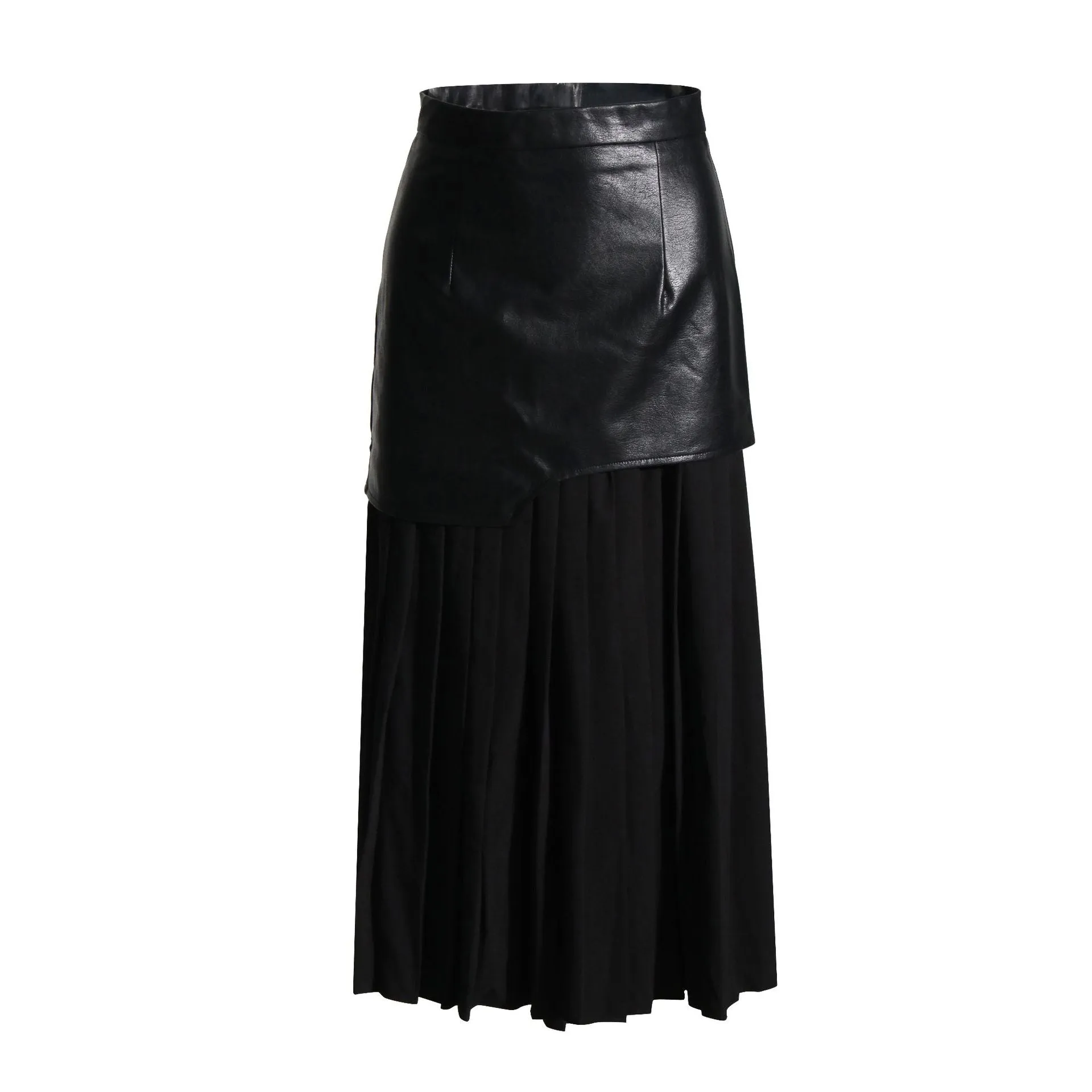 Mid-Length PU Leather Spliced Pleated Women's Color-Block Half Skirt