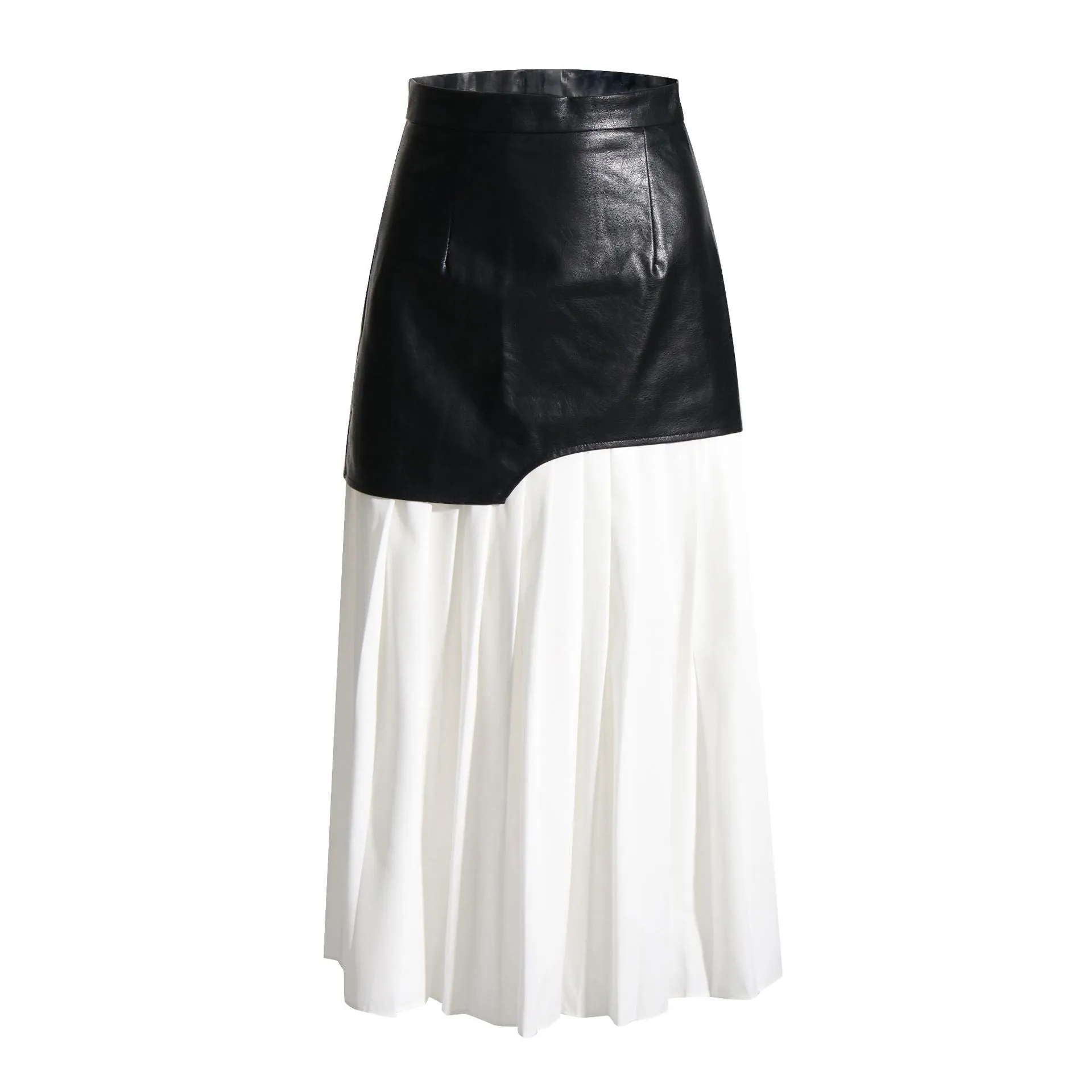 Mid-Length PU Leather Spliced Pleated Women's Color-Block Half Skirt