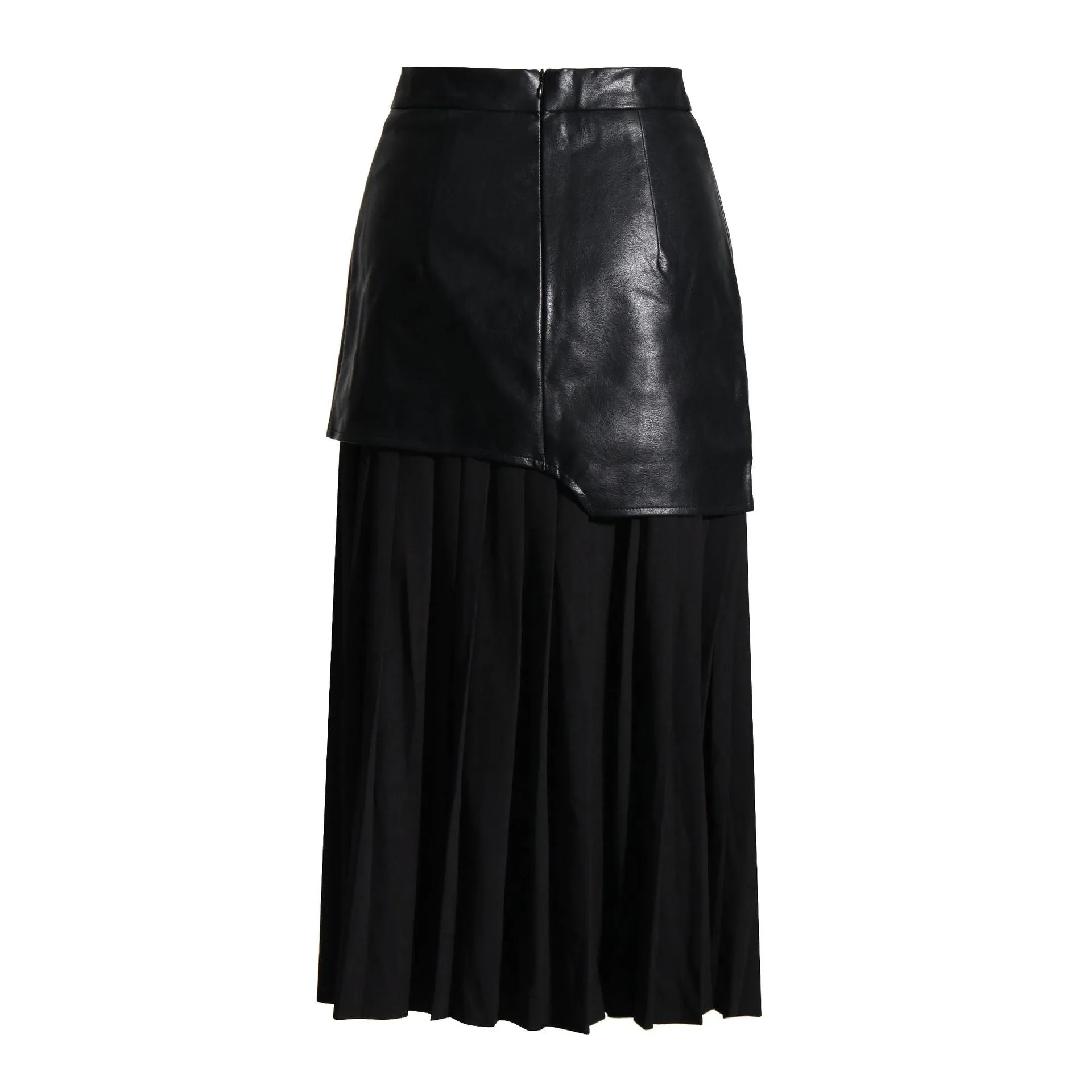 Mid-Length PU Leather Spliced Pleated Women's Color-Block Half Skirt