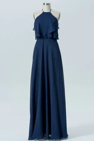 Navy Blue Halter Backless Ruffled Bridesmaid Dress