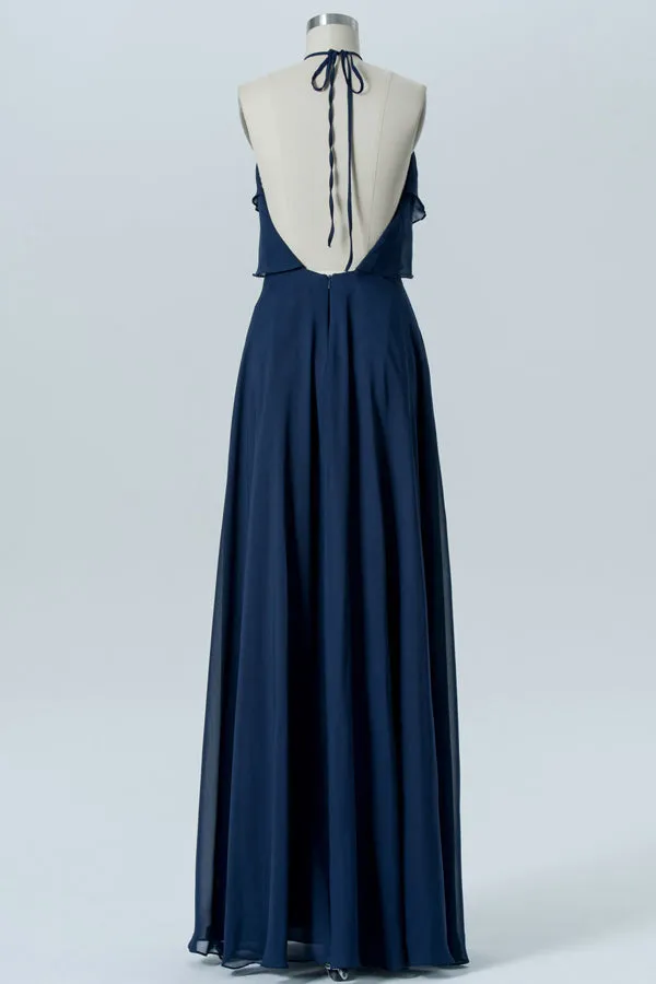 Navy Blue Halter Backless Ruffled Bridesmaid Dress
