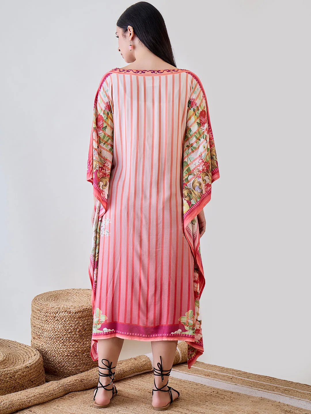 Orange Abstract Striped Viscose Kaftan Resort Coverup
