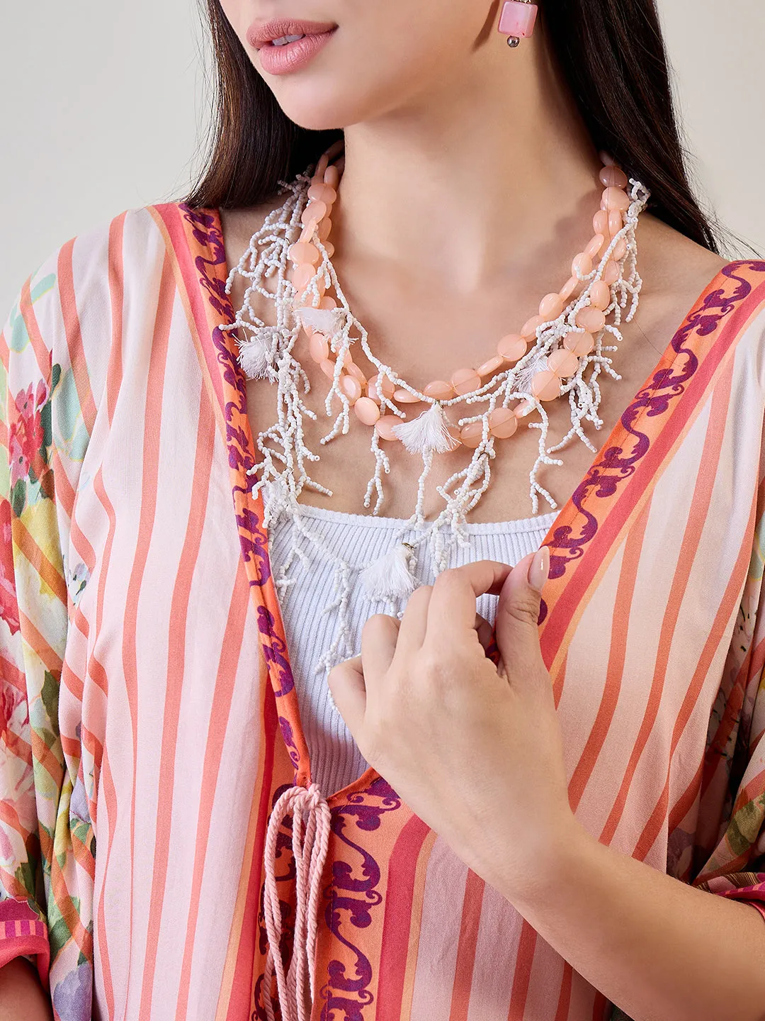 Orange Abstract Striped Viscose Kaftan Resort Coverup