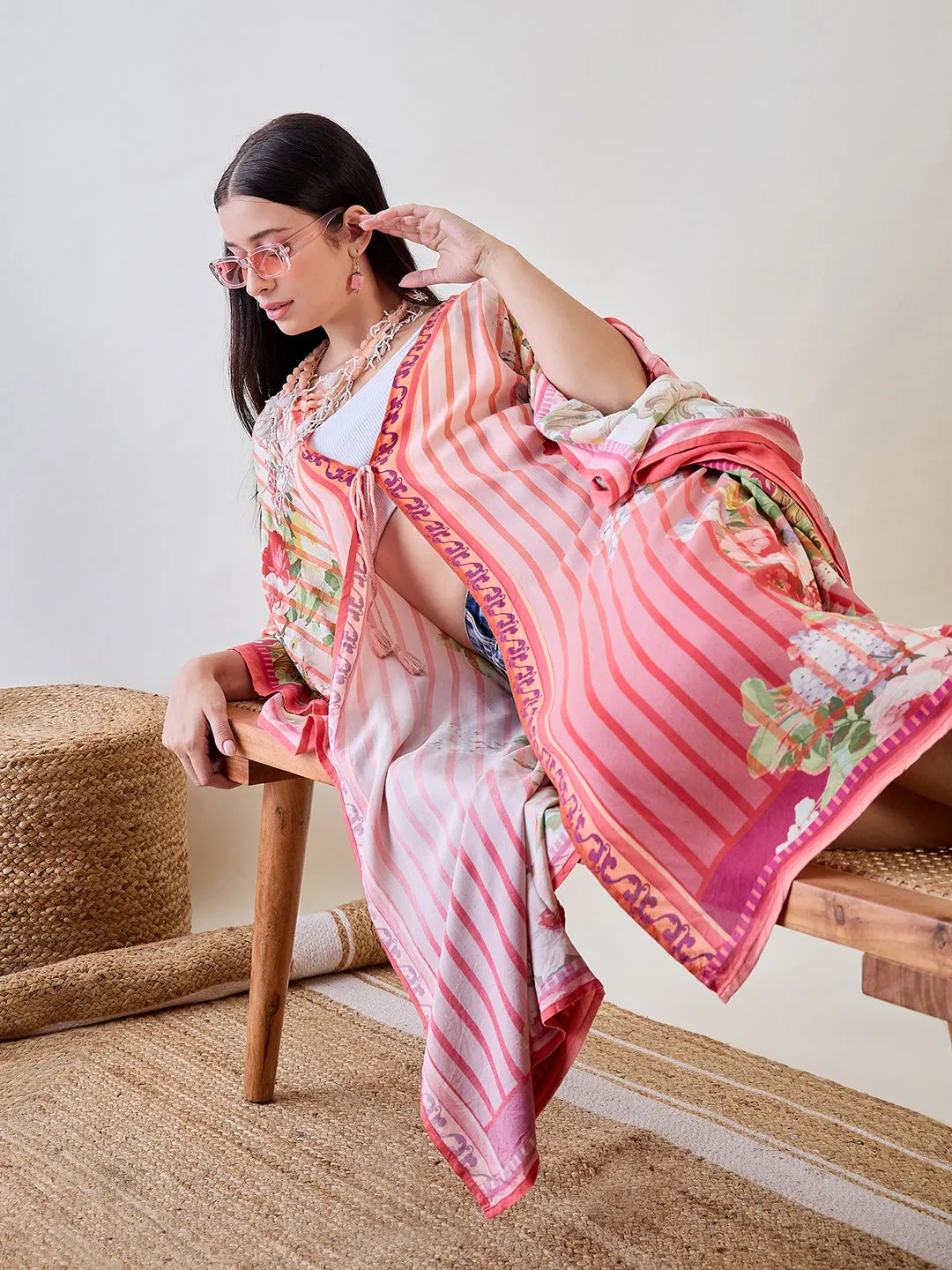 Orange Abstract Striped Viscose Kaftan Resort Coverup