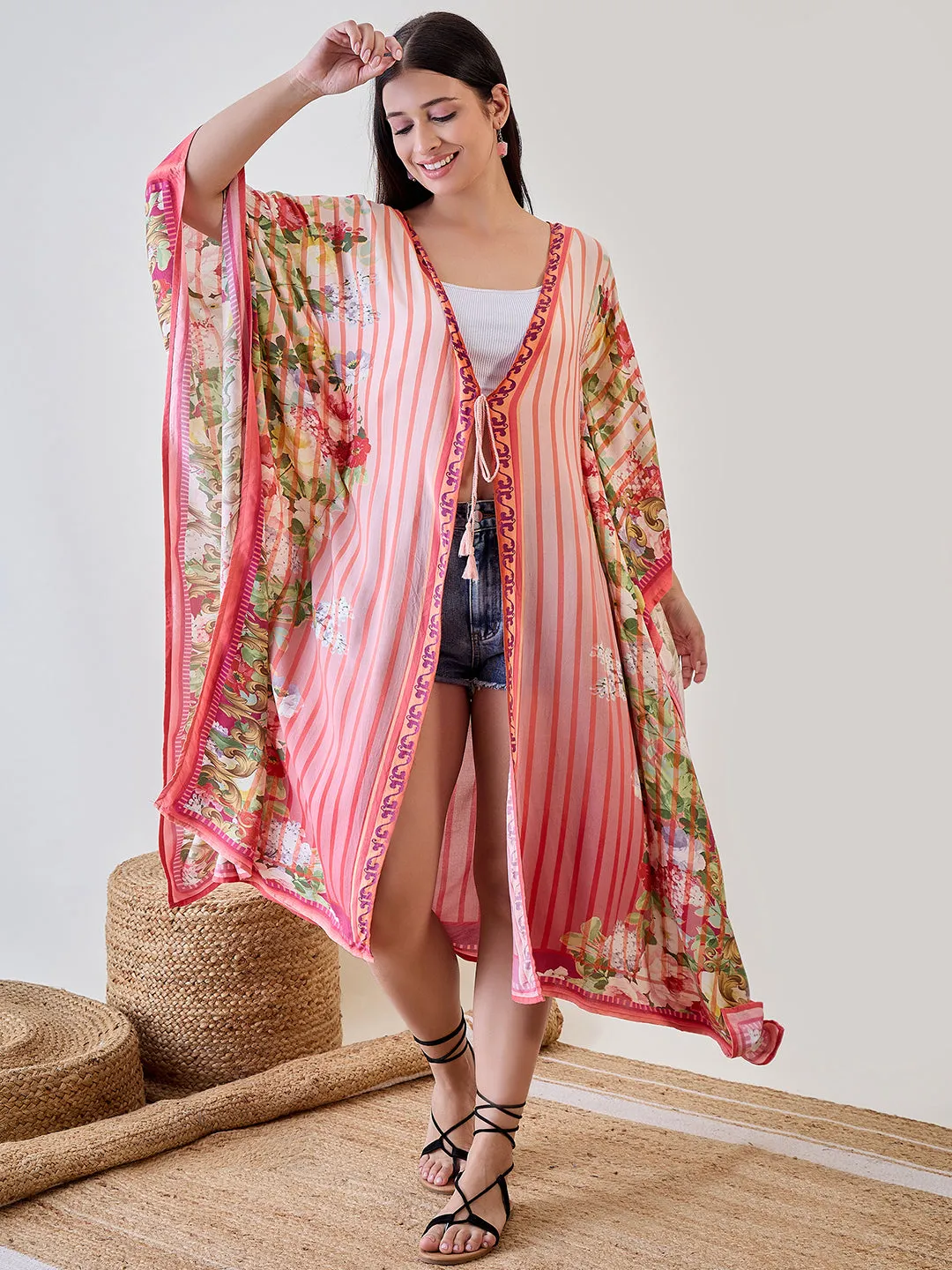 Orange Abstract Striped Viscose Kaftan Resort Coverup