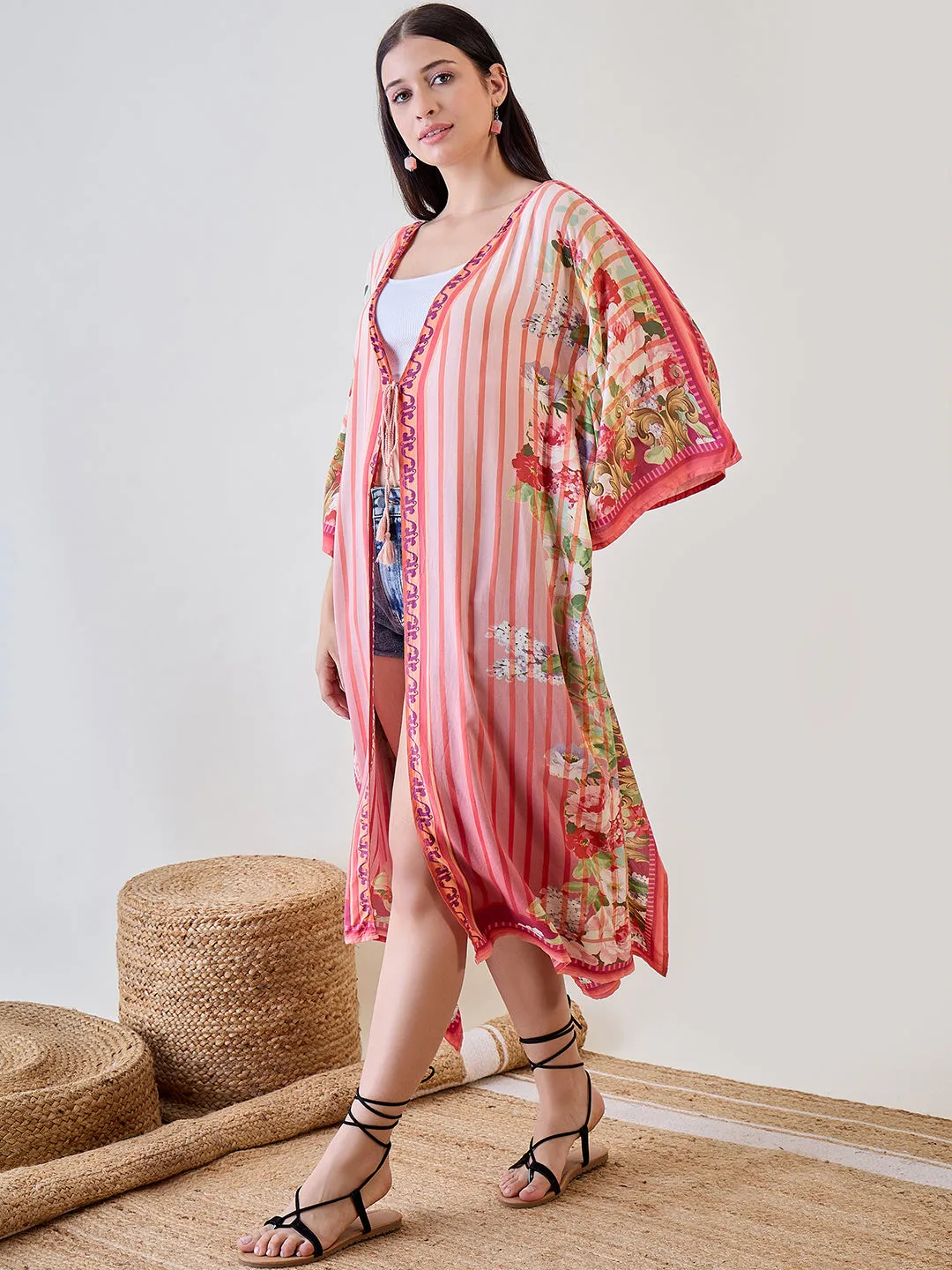 Orange Abstract Striped Viscose Kaftan Resort Coverup