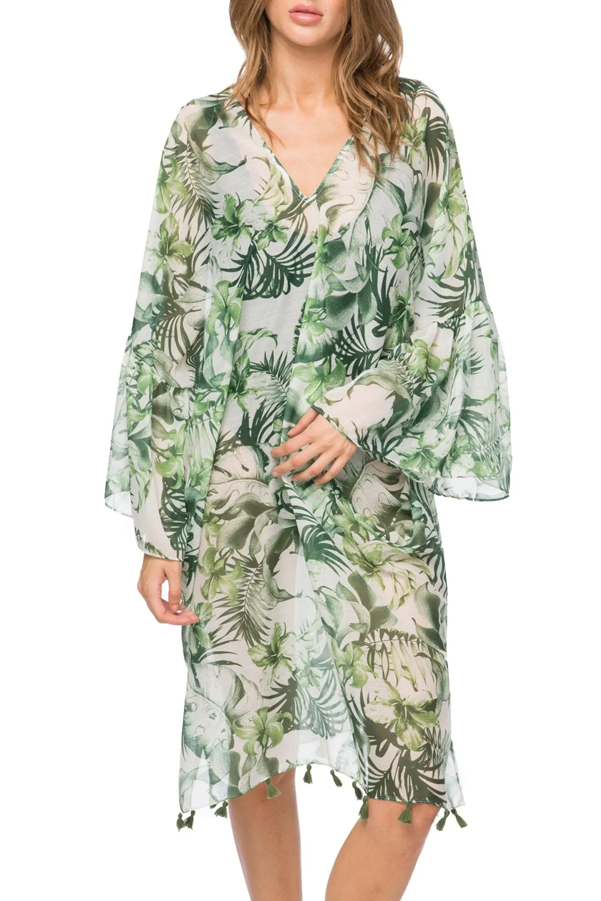 Palm Leaf Print Bell Sleeve Kaftan Coverup