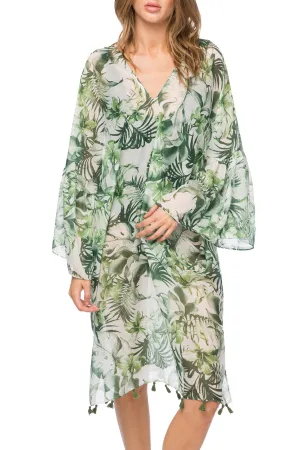 Palm Leaf Print Bell Sleeve Kaftan Coverup