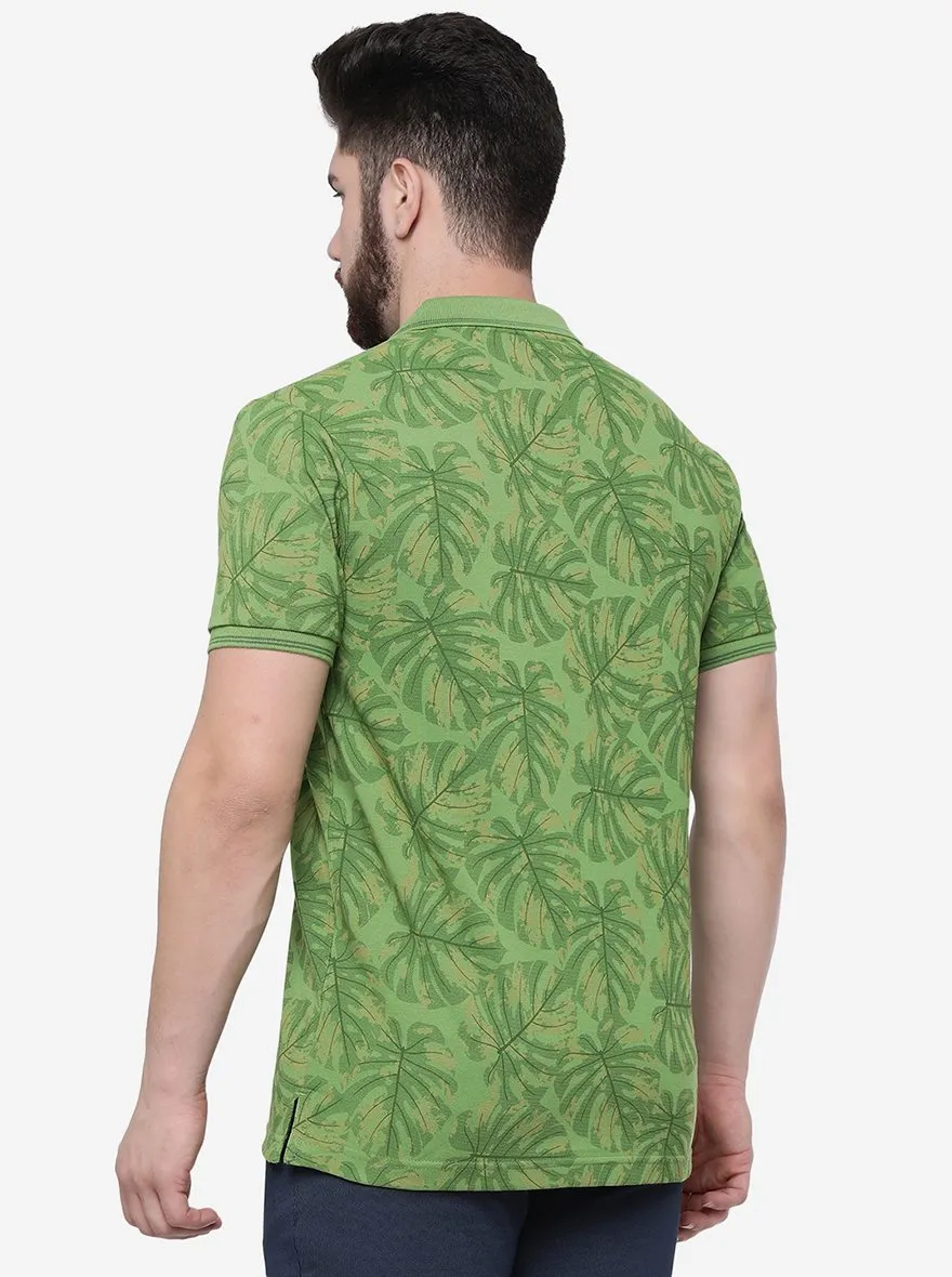 Peridot Green Printed Slim Fit Polo T-Shirt | Greenfibre