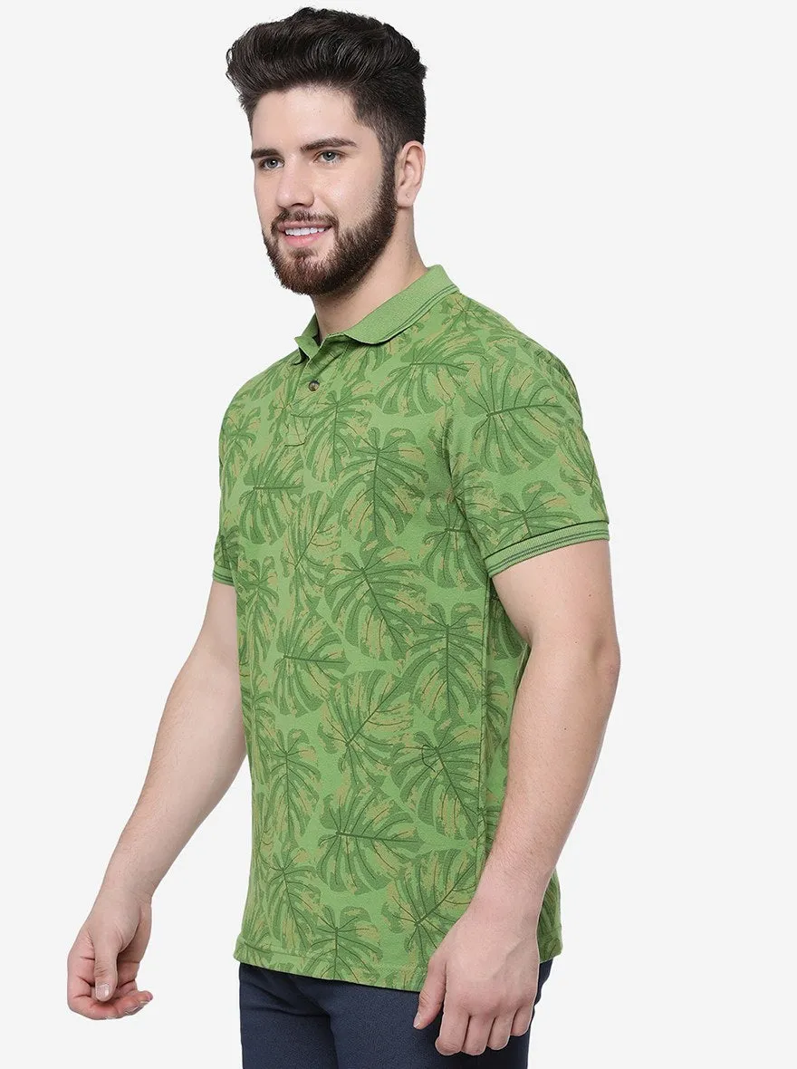 Peridot Green Printed Slim Fit Polo T-Shirt | Greenfibre