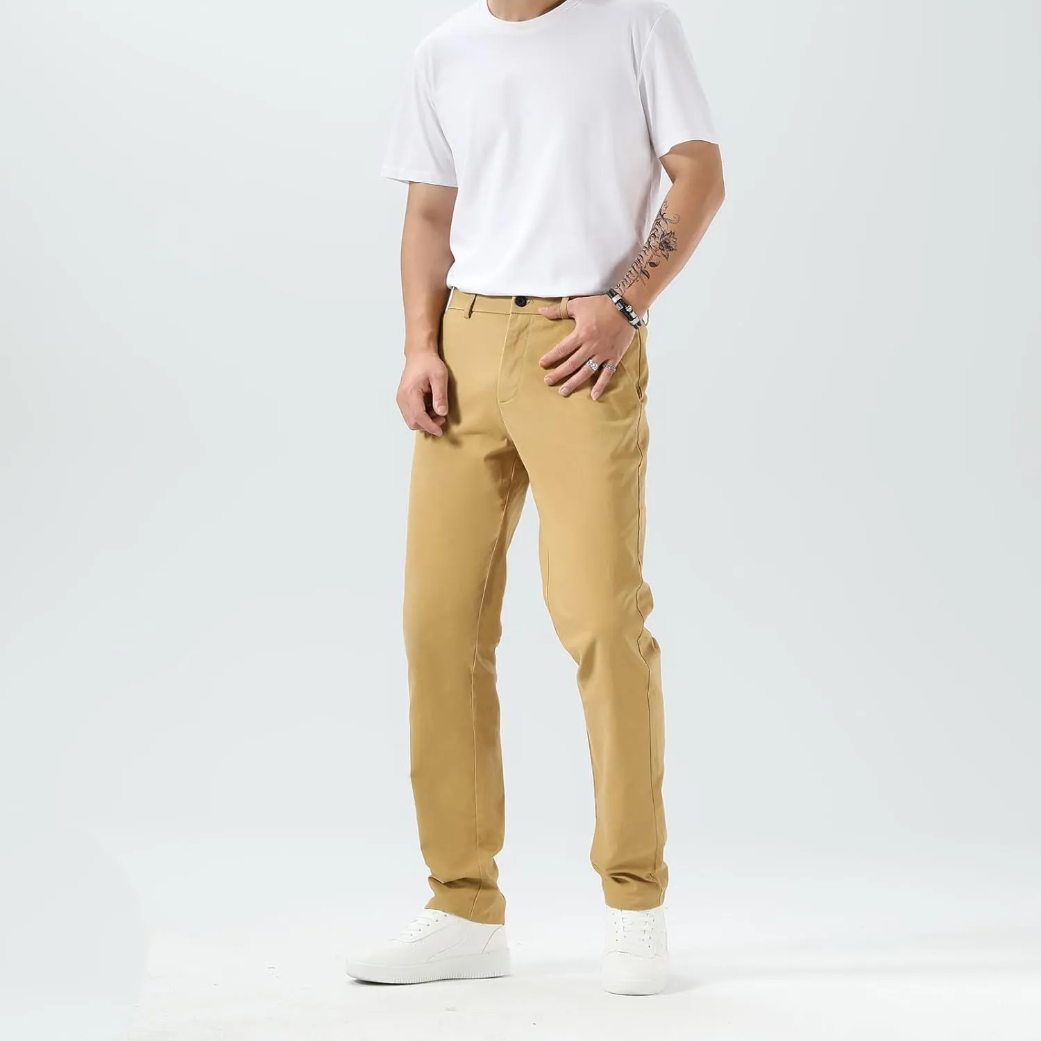 Plaid&Plain Mens Slim Fit Khaki Pants Mens Tapered Chino Pants
