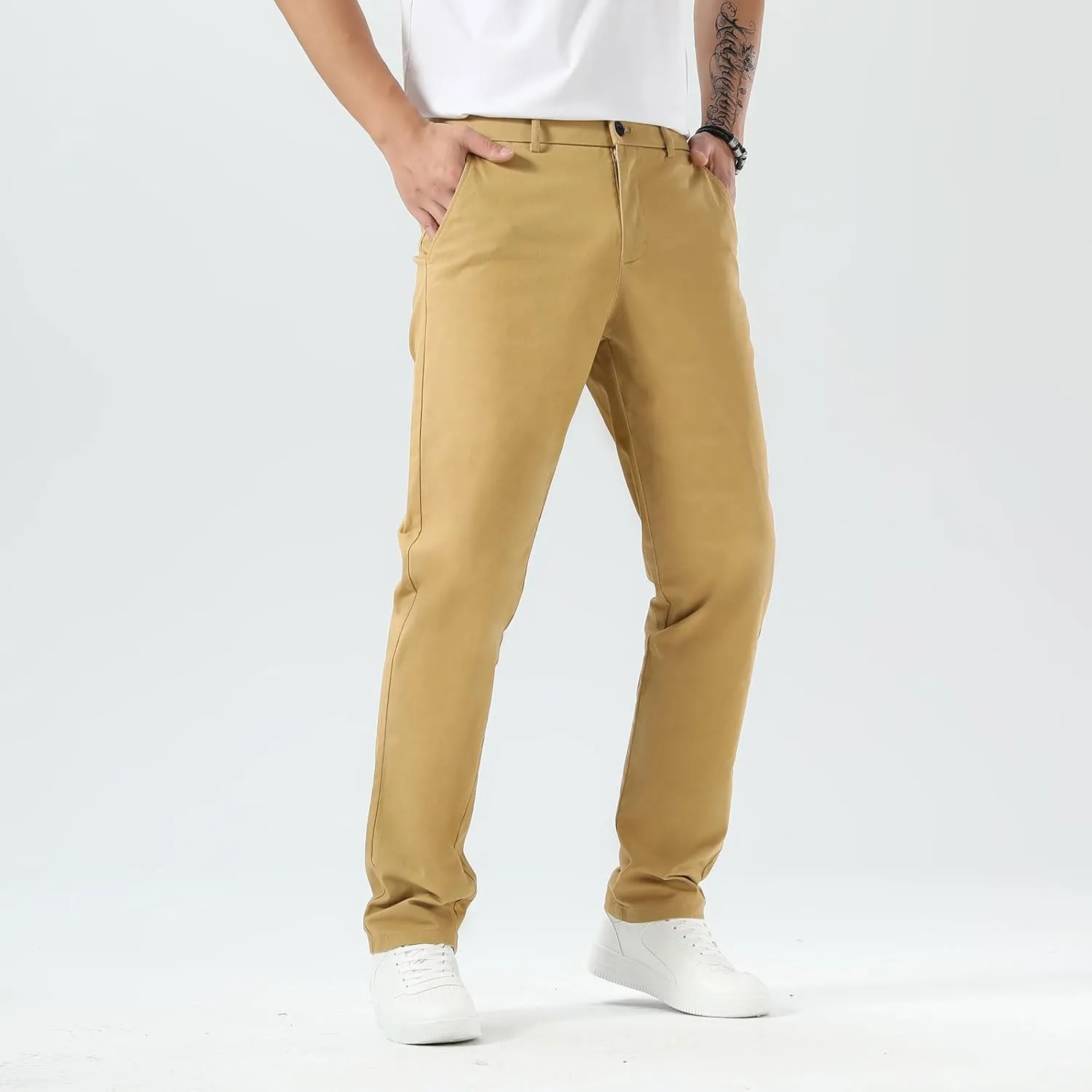 Plaid&Plain Mens Slim Fit Khaki Pants Mens Tapered Chino Pants