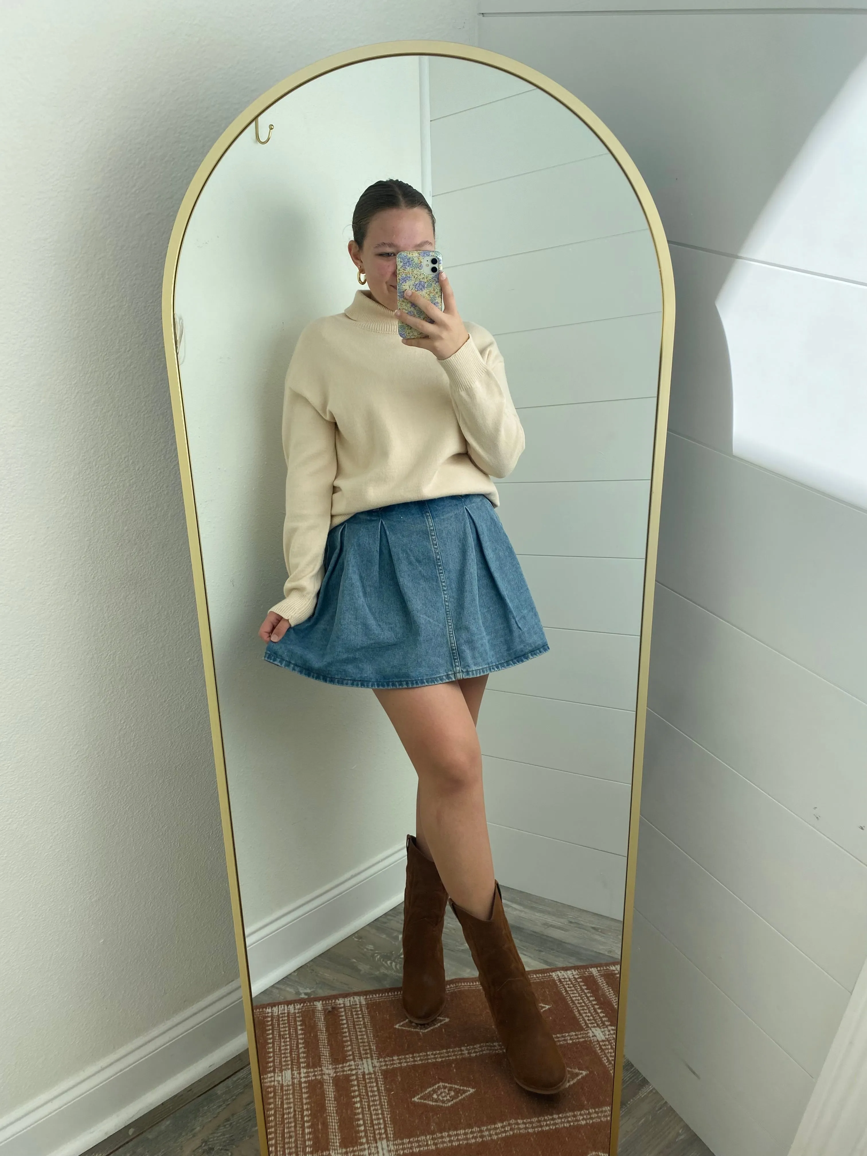 Pleated Mini Denim Skort