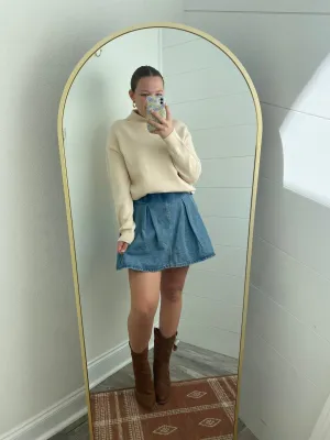 Pleated Mini Denim Skort