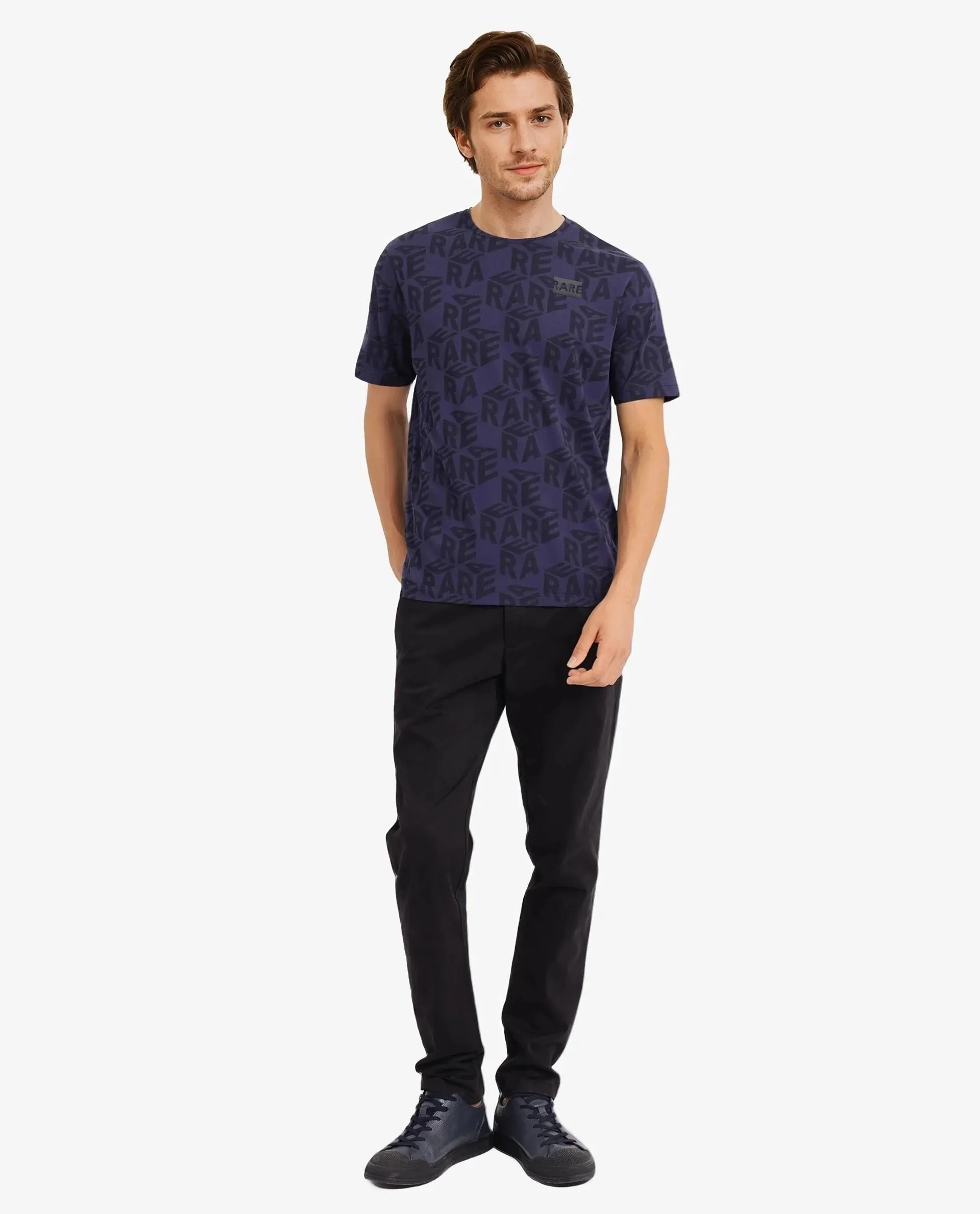 Rare Rabbit Men Azo Dusky Blue Short Sleeve Crew Neck Branded Graphic Print T-Shirt