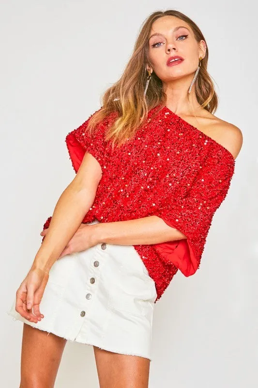 Red Sequin Boat Neck Top