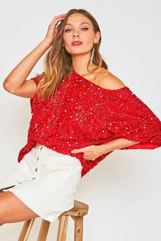 Red Sequin Boat Neck Top