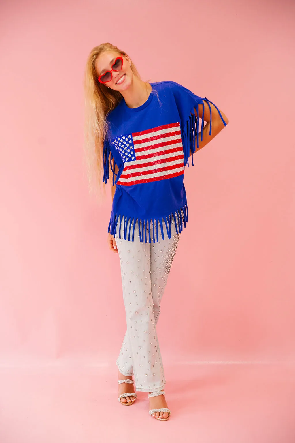RHINESTONE FLAG ROYAL FRINGE TEE