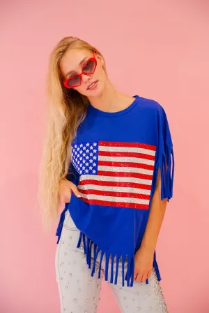 RHINESTONE FLAG ROYAL FRINGE TEE