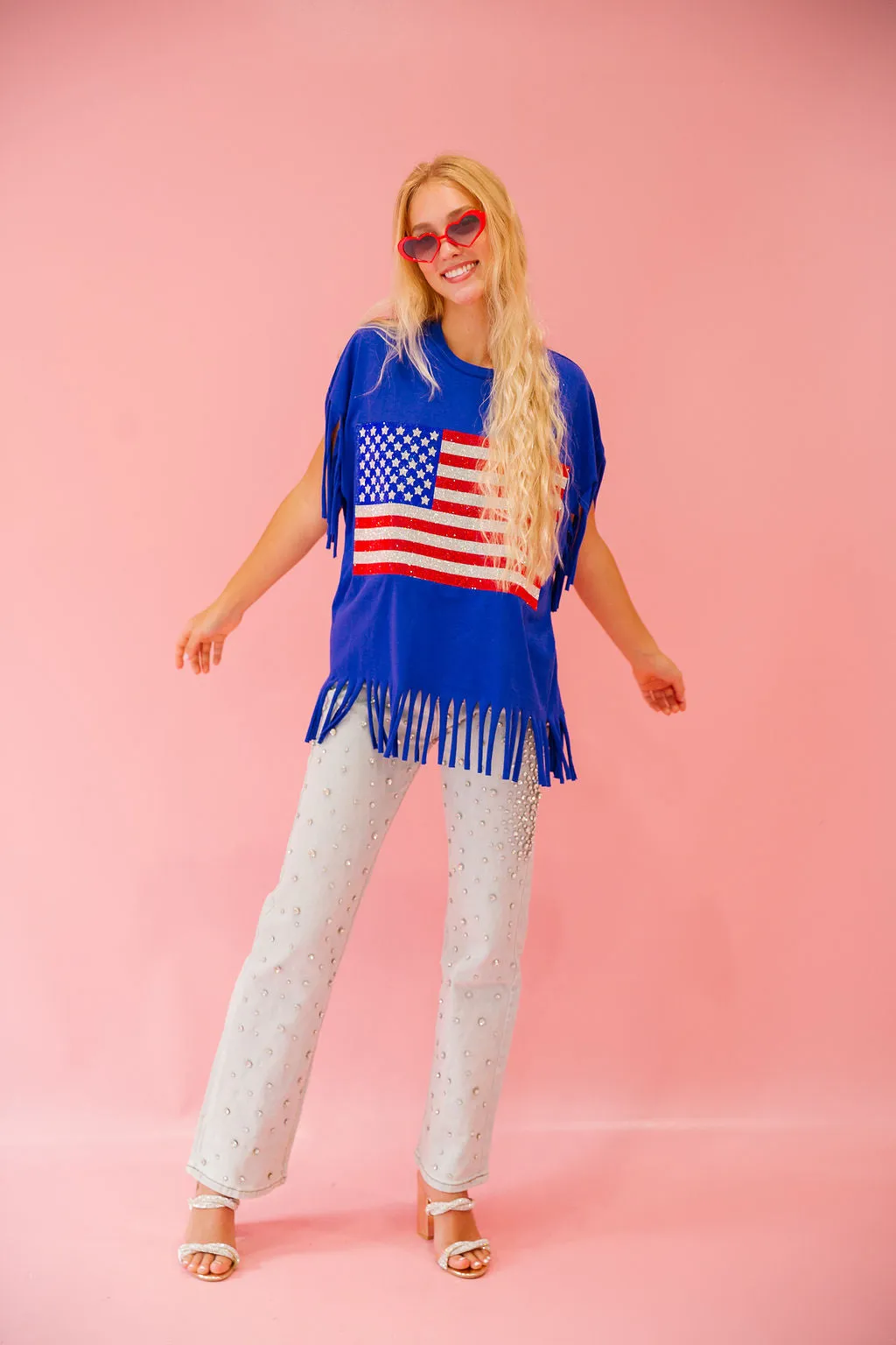 RHINESTONE FLAG ROYAL FRINGE TEE