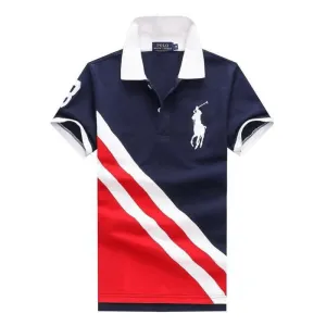 RL Custom Fit  Big Pony Team Diagonal Strip Navyblue and Red Polo