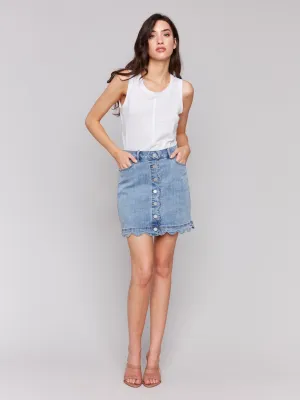 Scalloped Hem Button-Front Denim Skort - Light Blue