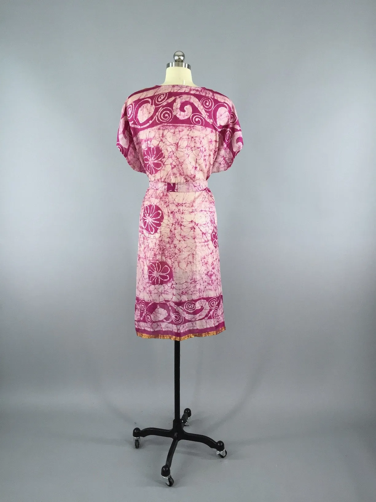 Silk Kaftan Dress / Vintage Indian Sari / Pink Batik Tie Dye